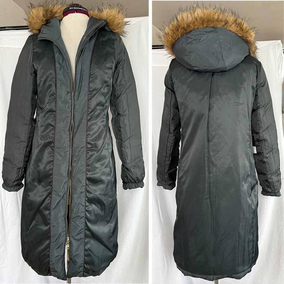 COLE HAAN Women Medium Gray Chevron Quilt Faux Fur Hood Taffeta Down Puffer Coat - Picture 9 of 11